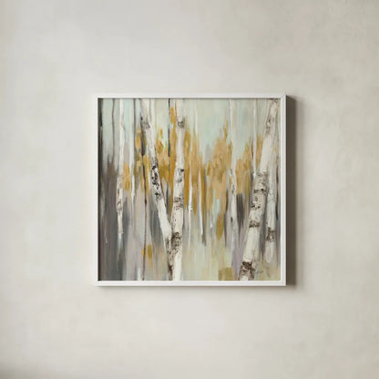 Silver Birch I by Julia Purinton. Shown in a crisp white glass frame for a clean and minimalist style. Available as an archival giclee rolled canvas, fine art paper, or poster print. SKU 17268a.