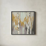 Silver Birch II by Julia Purinton. Shown in a sleek black glass frame for a contemporary gallery look. Available as an archival giclee rolled canvas, fine art paper, or poster print. SKU 17269a.