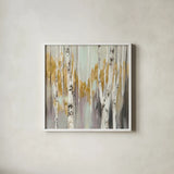 Silver Birch II by Julia Purinton. Shown in a crisp white glass frame for a clean and minimalist style. Available as an archival giclee rolled canvas, fine art paper, or poster print. SKU 17269a.