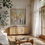 Silver Birch II by Julia Purinton. Shown in a natural wood frame in a cozy modern living room. Available as an archival giclee rolled canvas, fine art paper, or poster print. SKU 17269a.