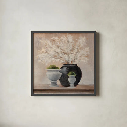 Simple Pleasures Arrangement by Julia Purinton. Shown in a sleek black glass frame for a contemporary gallery look. Available as an archival giclee rolled canvas, fine art paper, or poster print. SKU 80059a.