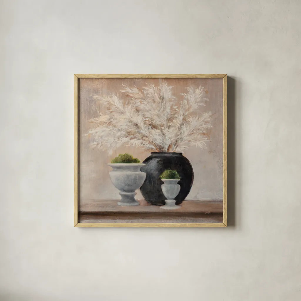 Simple Pleasures Arrangement by Julia Purinton. Shown in a natural wood glass frame for a timeless modern aesthetic. Available as an archival giclee rolled canvas, fine art paper, or poster print. SKU 80059a.