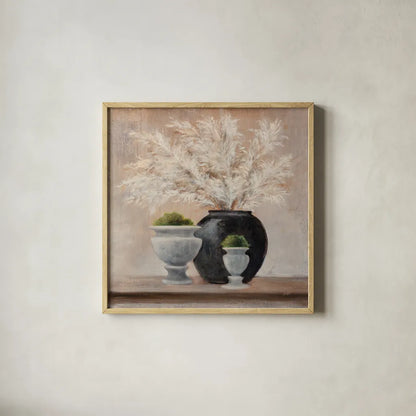 Simple Pleasures Arrangement by Julia Purinton. Shown in a natural wood glass frame for a timeless modern aesthetic. Available as an archival giclee rolled canvas, fine art paper, or poster print. SKU 80059a.