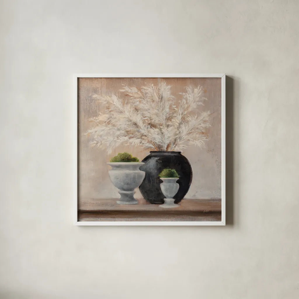 Simple Pleasures Arrangement by Julia Purinton. Shown in a crisp white glass frame for a clean and minimalist style. Available as an archival giclee rolled canvas, fine art paper, or poster print. SKU 80059a.