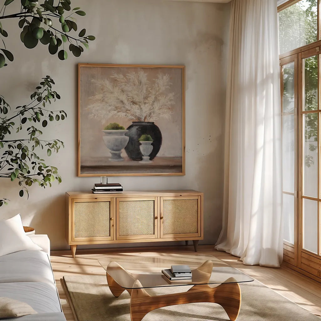 Simple Pleasures Arrangement by Julia Purinton. Shown in a natural wood frame in a cozy modern living room. Available as an archival giclee rolled canvas, fine art paper, or poster print. SKU 80059a.