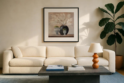 Simple Pleasures Arrangement by Julia Purinton. Displayed in a glass frame with matte in a clean modern living room. Available as an archival giclee rolled canvas, fine art paper, or poster print. SKU 80059a.