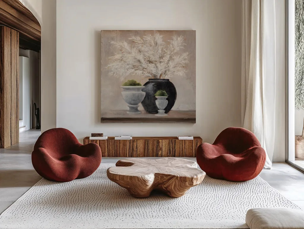 Simple Pleasures Arrangement by Julia Purinton. Shown as extra-large giant wall art in a modern living room. Available as an archival giclee rolled canvas, fine art paper, or poster print. SKU 80059a.