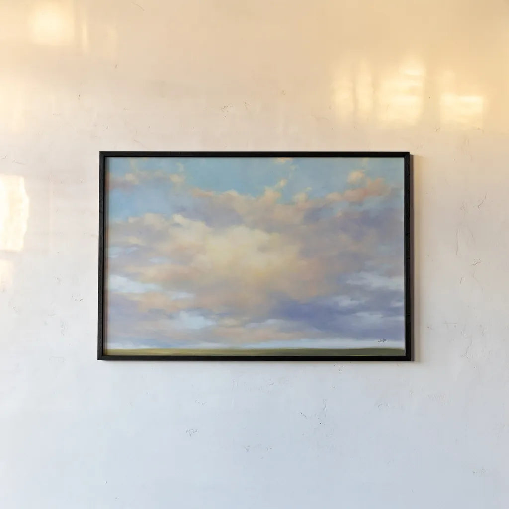 Skyscape by Julia Purinton. shown as a paper print in a black flame. Available as a archival giclee rolled canvas, fine art paper, or poster print. SKU 93112i.