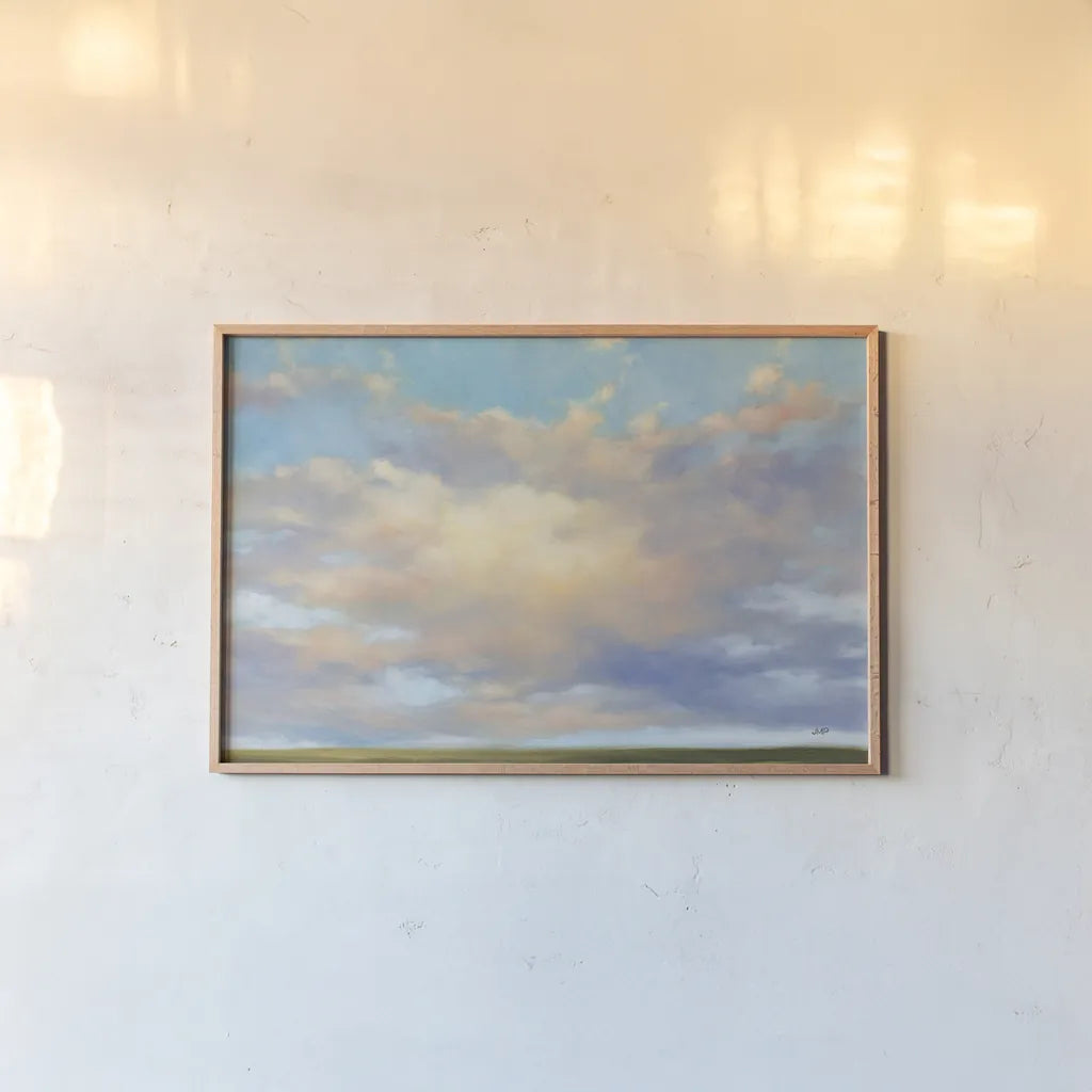 Skyscape by Julia Purinton. shown as a paper print in a natural frame. Available as a archival giclee rolled canvas, fine art paper, or poster print. SKU 93112i.