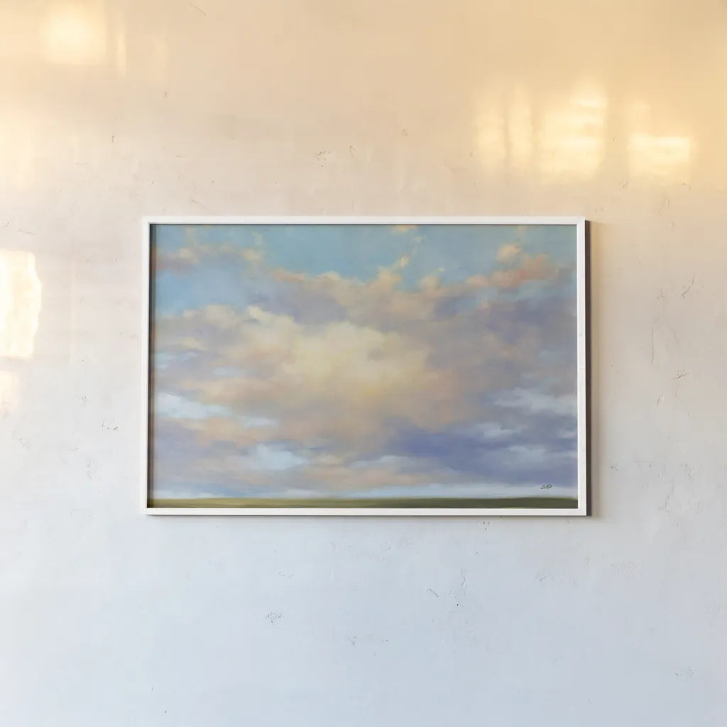 Skyscape by Julia Purinton. shown as a paper print in a white frame. Available as a archival giclee rolled canvas, fine art paper, or poster print. SKU 93112i.