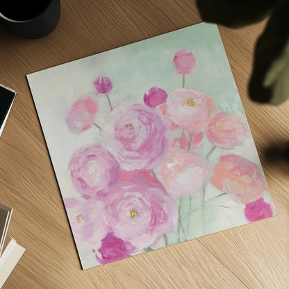 Soft Ranunculus by Julia Purinton. Shown as a detailed flat fine art print, highlighting archival giclee quality. Available as an archival giclee rolled canvas, fine art paper, or poster print. SKU 43032a.
