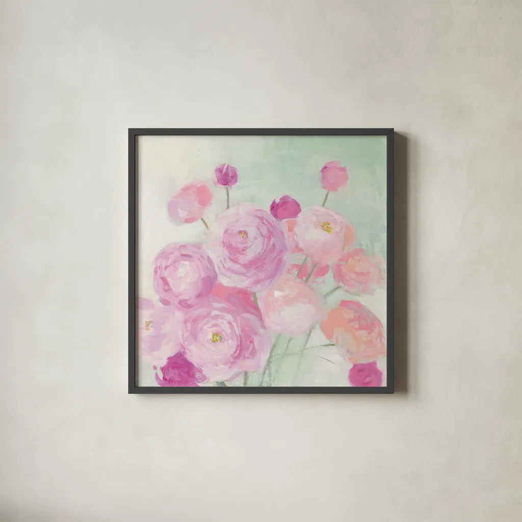 Soft Ranunculus by Julia Purinton. Shown in a sleek black glass frame for a contemporary gallery look. Available as an archival giclee rolled canvas, fine art paper, or poster print. SKU 43032a.