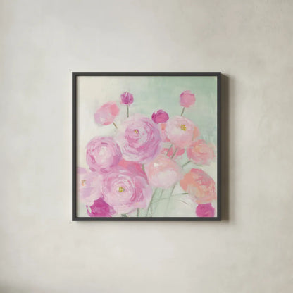 Soft Ranunculus by Julia Purinton. Shown in a sleek black glass frame for a contemporary gallery look. Available as an archival giclee rolled canvas, fine art paper, or poster print. SKU 43032a.