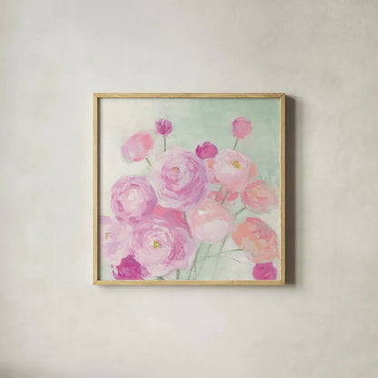 Soft Ranunculus by Julia Purinton. Shown in a natural wood glass frame for a timeless modern aesthetic. Available as an archival giclee rolled canvas, fine art paper, or poster print. SKU 43032a.