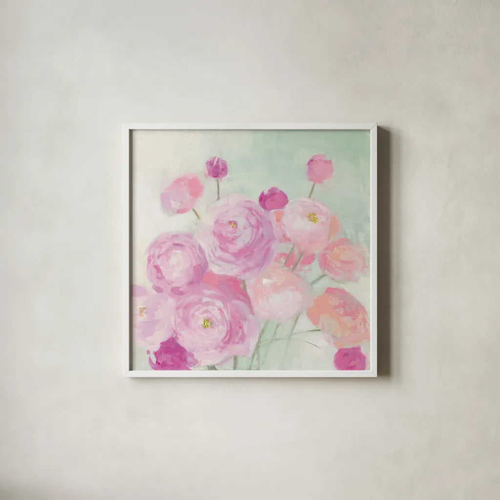 Soft Ranunculus by Julia Purinton. Shown in a crisp white glass frame for a clean and minimalist style. Available as an archival giclee rolled canvas, fine art paper, or poster print. SKU 43032a.