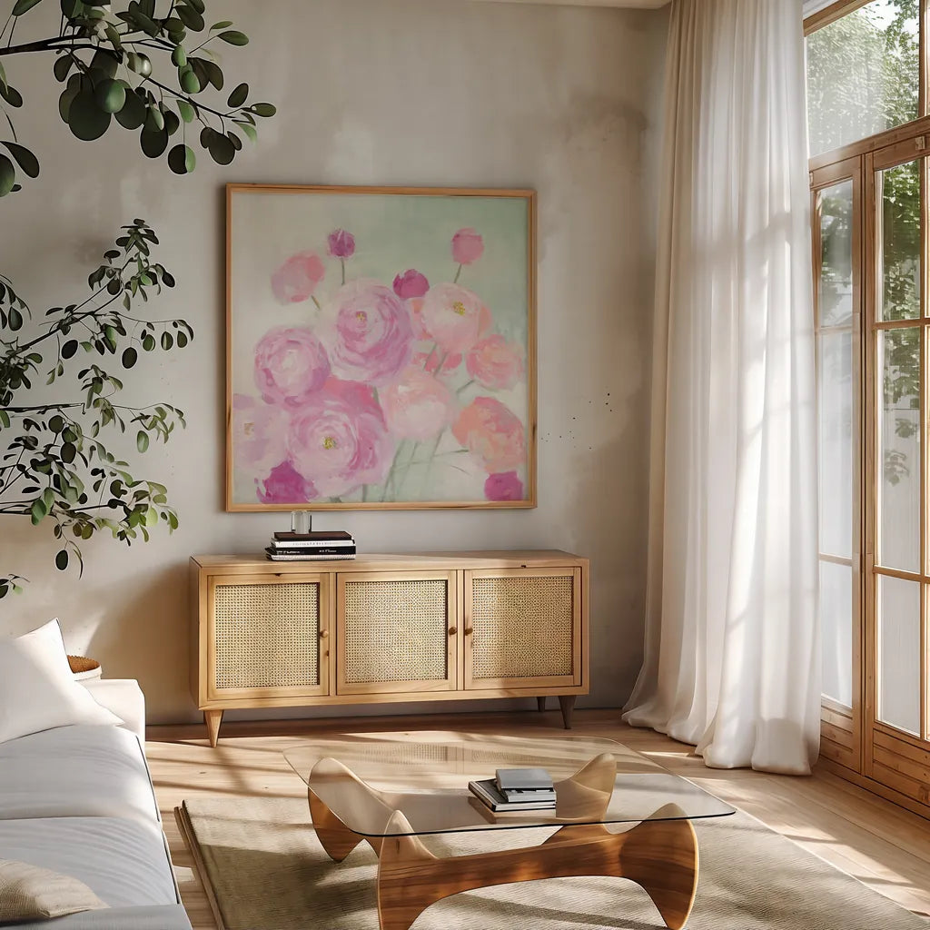 Soft Ranunculus by Julia Purinton. Shown in a natural wood frame in a cozy modern living room. Available as an archival giclee rolled canvas, fine art paper, or poster print. SKU 43032a.