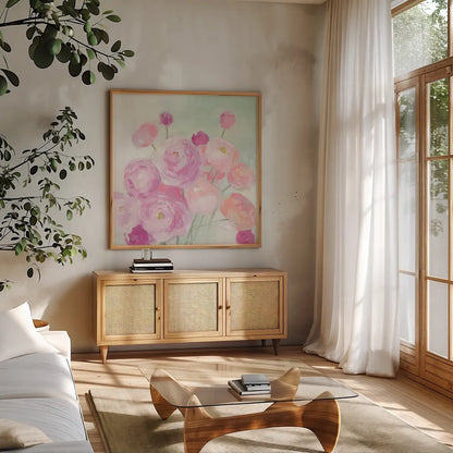 Soft Ranunculus by Julia Purinton. Shown in a natural wood frame in a cozy modern living room. Available as an archival giclee rolled canvas, fine art paper, or poster print. SKU 43032a.