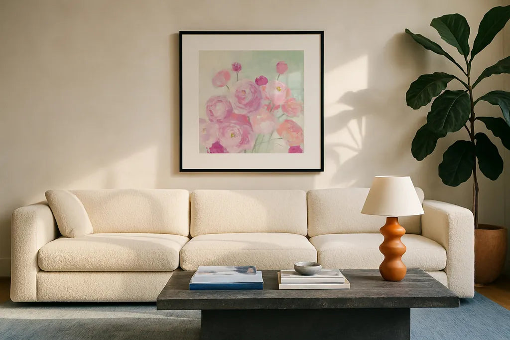Soft Ranunculus by Julia Purinton. Displayed in a glass frame with matte in a clean modern living room. Available as an archival giclee rolled canvas, fine art paper, or poster print. SKU 43032a.