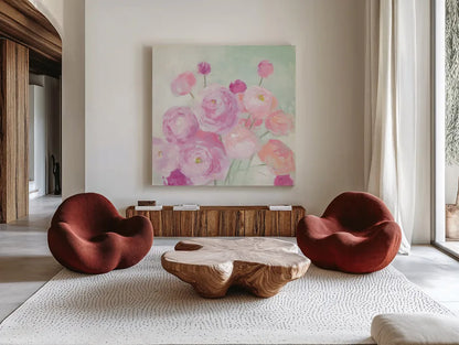 Soft Ranunculus by Julia Purinton. Shown as extra-large giant wall art in a modern living room. Available as an archival giclee rolled canvas, fine art paper, or poster print. SKU 43032a.