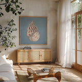 Soft Sea I by Julia Purinton. Shown in a natural wood frame in a cozy modern living room. Available as an archival giclee rolled canvas, fine art paper, or poster print. SKU 96239a.