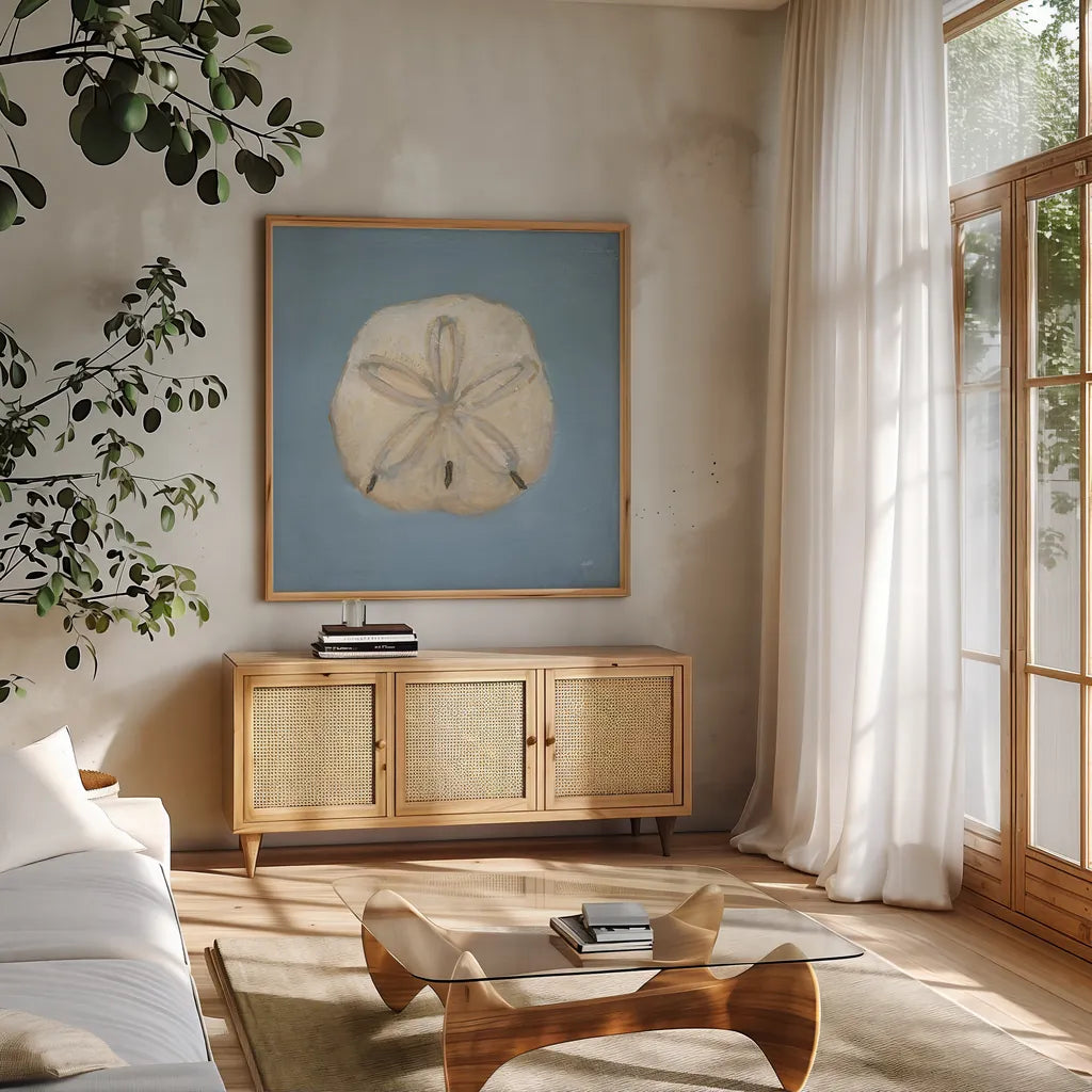 Soft Sea II by Julia Purinton. Shown in a natural wood frame in a cozy modern living room. Available as an archival giclee rolled canvas, fine art paper, or poster print. SKU 96240a.