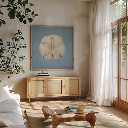 Soft Sea II by Julia Purinton. Shown in a natural wood frame in a cozy modern living room. Available as an archival giclee rolled canvas, fine art paper, or poster print. SKU 96240a.