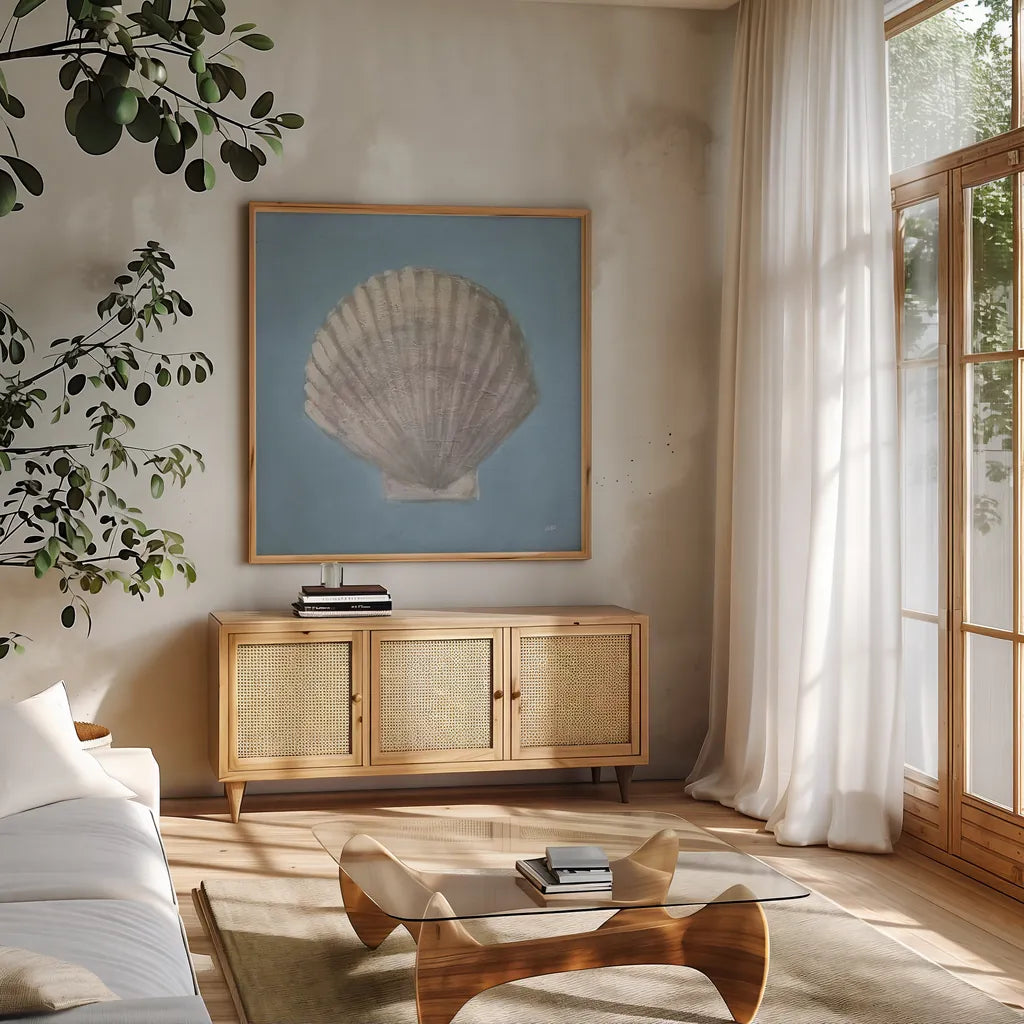 Soft Sea III by Julia Purinton. Shown in a natural wood frame in a cozy modern living room. Available as an archival giclee rolled canvas, fine art paper, or poster print. SKU 96241a.