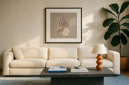 Soft Sea Taupe I by Julia Purinton. Displayed in a glass frame with matte in a clean modern living room. Available as an archival giclee rolled canvas, fine art paper, or poster print. SKU 97043a.