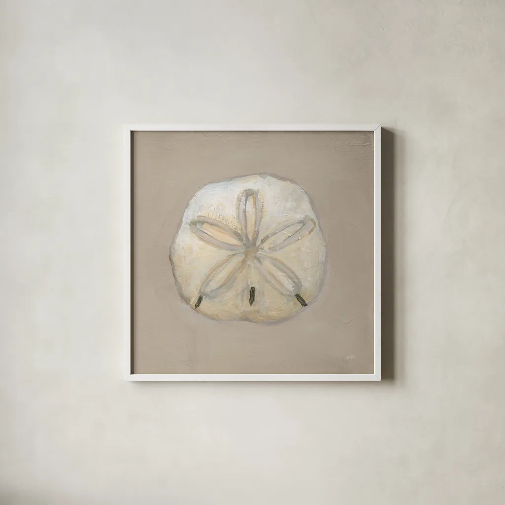 Soft Sea Taupe II by Julia Purinton. Shown in a crisp white glass frame for a clean and minimalist style. Available as an archival giclee rolled canvas, fine art paper, or poster print. SKU 97044a.