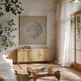 Soft Sea Taupe III by Julia Purinton. Shown in a natural wood frame in a cozy modern living room. Available as an archival giclee rolled canvas, fine art paper, or poster print. SKU 97045a.