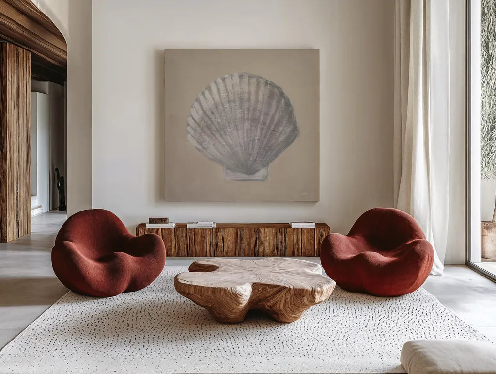 Soft Sea Taupe III by Julia Purinton. Shown as extra-large giant wall art in a modern living room. Available as an archival giclee rolled canvas, fine art paper, or poster print. SKU 97045a.