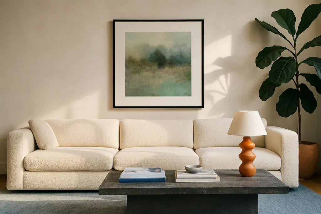 Solitude by Julia Purinton. Displayed in a glass frame with matte in a clean modern living room. Available as an archival giclee rolled canvas, fine art paper, or poster print. SKU 62756a.