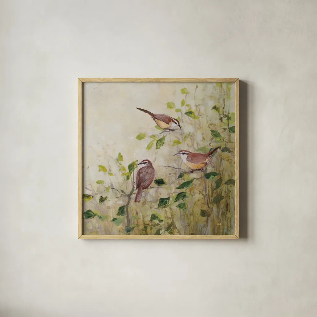 Song of Spring I by Julia Purinton. Shown in a natural wood glass frame for a timeless modern aesthetic. Available as an archival giclee rolled canvas, fine art paper, or poster print. SKU 97984a.