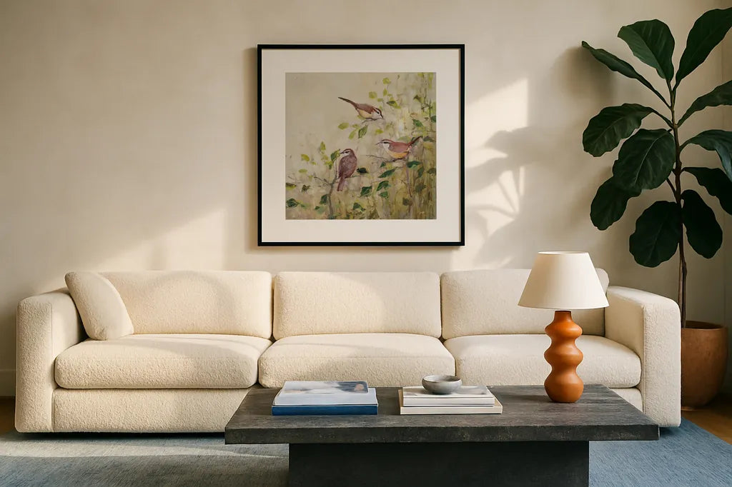 Song of Spring I by Julia Purinton. Displayed in a glass frame with matte in a clean modern living room. Available as an archival giclee rolled canvas, fine art paper, or poster print. SKU 97984a.