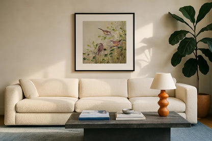 Song of Spring I by Julia Purinton. Displayed in a glass frame with matte in a clean modern living room. Available as an archival giclee rolled canvas, fine art paper, or poster print. SKU 97984a.