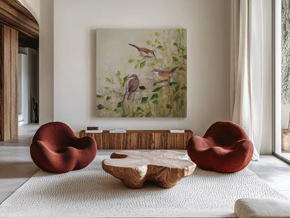 Song of Spring I by Julia Purinton. Shown as extra-large giant wall art in a modern living room. Available as an archival giclee rolled canvas, fine art paper, or poster print. SKU 97984a.