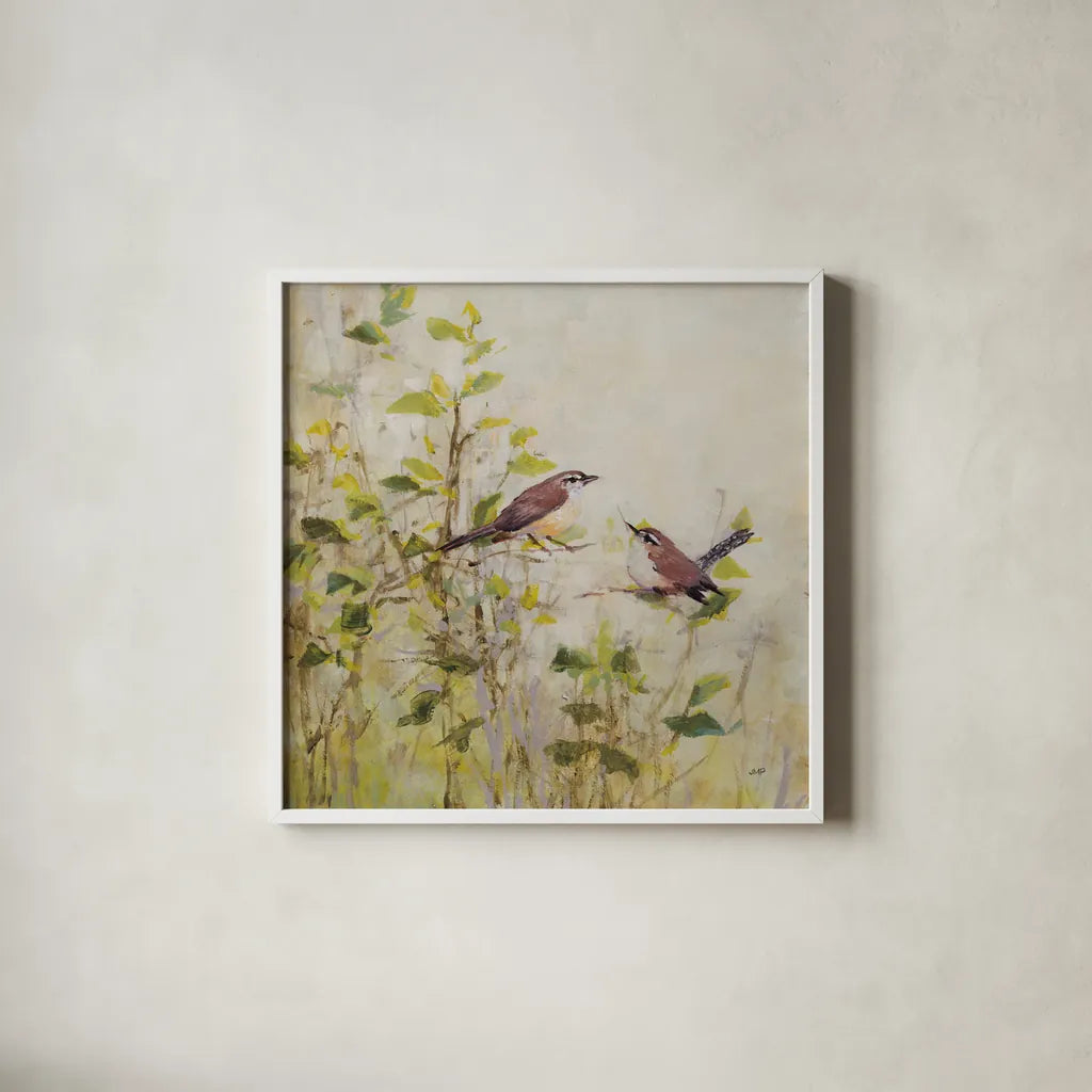 Song of Spring II by Julia Purinton. Shown in a crisp white glass frame for a clean and minimalist style. Available as an archival giclee rolled canvas, fine art paper, or poster print. SKU 97985a.
