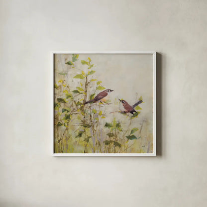 Song of Spring II by Julia Purinton. Shown in a crisp white glass frame for a clean and minimalist style. Available as an archival giclee rolled canvas, fine art paper, or poster print. SKU 97985a.