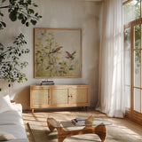 Song of Spring II by Julia Purinton. Shown in a natural wood frame in a cozy modern living room. Available as an archival giclee rolled canvas, fine art paper, or poster print. SKU 97985a.