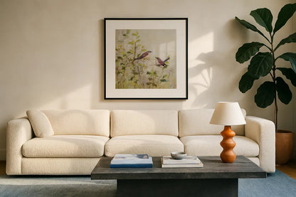 Song of Spring II by Julia Purinton. Displayed in a glass frame with matte in a clean modern living room. Available as an archival giclee rolled canvas, fine art paper, or poster print. SKU 97985a.