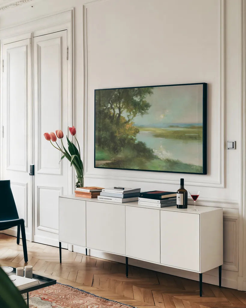 Sparkling River by Julia Purinton. shown as a framed stretched canvas in a living room above a console. Available as a archival giclee rolled canvas, fine art paper, or poster print. SKU 82636i.