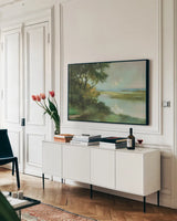 Sparkling River by Julia Purinton. shown as a framed stretched canvas in a living room above a console. Available as a archival giclee rolled canvas, fine art paper, or poster print. SKU 82636i.