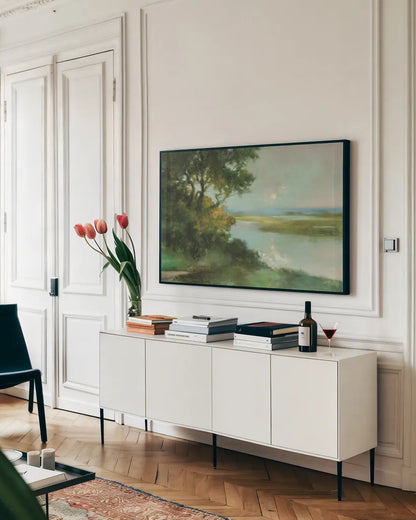 Sparkling River by Julia Purinton. shown as a framed stretched canvas in a living room above a console. Available as a archival giclee rolled canvas, fine art paper, or poster print. SKU 82636i.