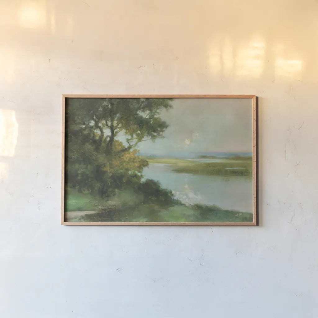 Sparkling River by Julia Purinton. shown as a paper print in a natural frame. Available as a archival giclee rolled canvas, fine art paper, or poster print. SKU 82636i.