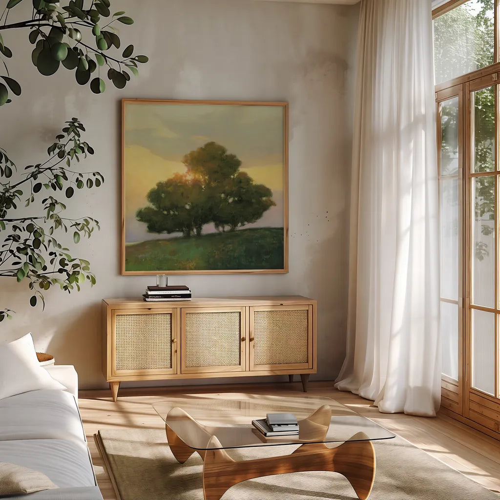 Spice Tree by Julia Purinton. Shown in a natural wood frame in a cozy modern living room. Available as an archival giclee rolled canvas, fine art paper, or poster print. SKU 33428a.