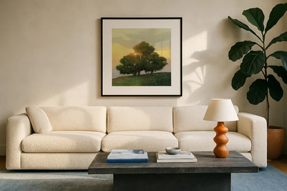Spice Tree by Julia Purinton. Displayed in a glass frame with matte in a clean modern living room. Available as an archival giclee rolled canvas, fine art paper, or poster print. SKU 33428a.