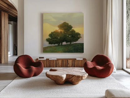 Spice Tree by Julia Purinton. Shown as extra-large giant wall art in a modern living room. Available as an archival giclee rolled canvas, fine art paper, or poster print. SKU 33428a.