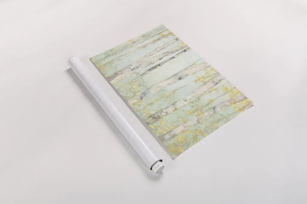 Spring Birches Crop by Julia Purinton. shown as a rolled paper print. Available as archival giclee rolled canvas, fine art paper, or poster print. SKU 50295i.