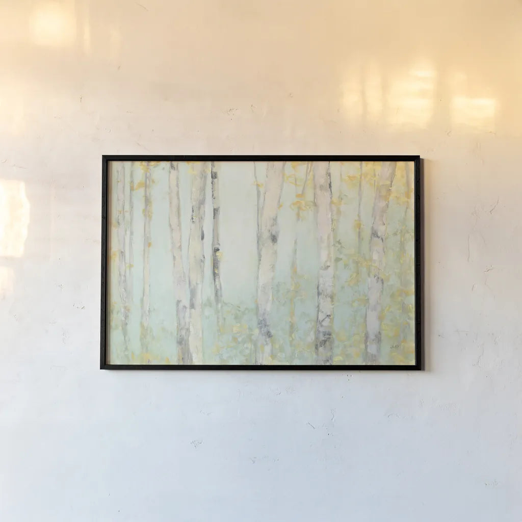 Spring Birches Crop by Julia Purinton. shown as a paper print in a black flame. Available as a archival giclee rolled canvas, fine art paper, or poster print. SKU 50295i.