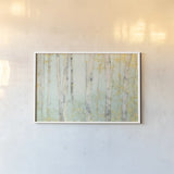 Spring Birches Crop by Julia Purinton. shown as a paper print in a white frame. Available as a archival giclee rolled canvas, fine art paper, or poster print. SKU 50295i.